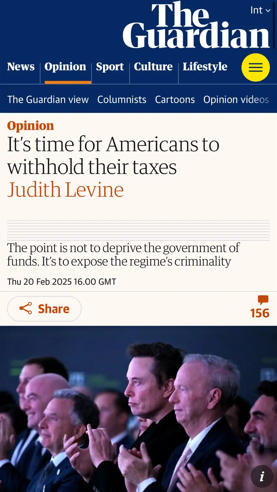 A screenshot of a The Guardian opinion article by Judith Levine titled 'It's time for Americans to withhold their taxes,'…