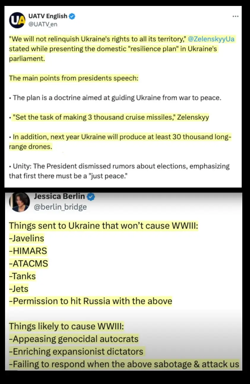 The image displays two Twitter posts. The top post from UATV English highlights Zelenskyy's 'resilience plan' including…