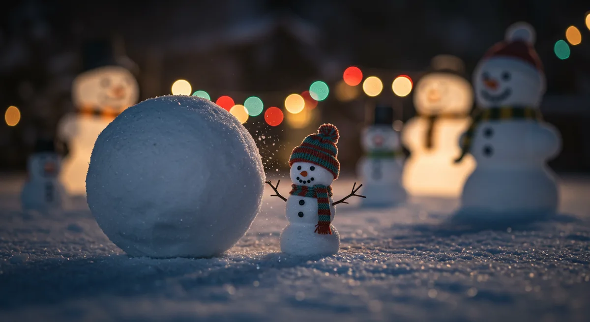 A tiny snowman wearing a striped hat and scarf stands beside a large snowball in a snowy scene with blurred festive lights…