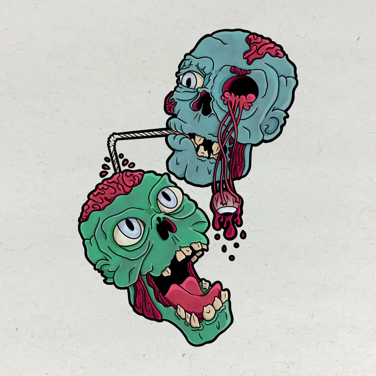 Two cartoonish zombie heads, one teal and one green, both with exposed brains and missing teeth, are shown with a…