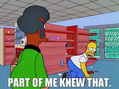 A four-panel comic strip from The Simpsons shows Homer Simpson in a grocery store with empty shelves. He is seen kneeling…