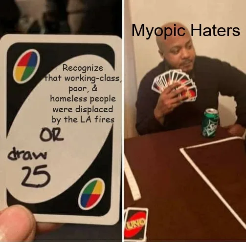 A split image shows a hand holding a custom Uno card with text reading 'Recognize that working-class, poor, & homeless…