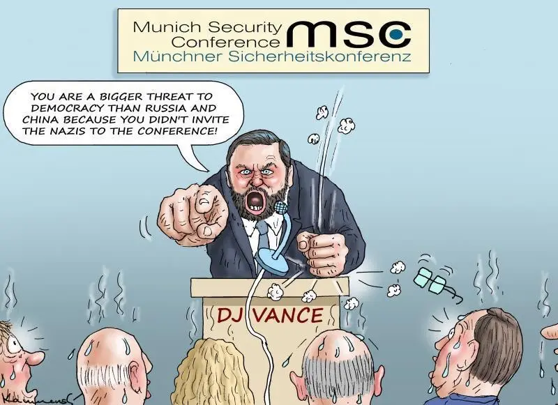 A cartoon depicts a man in a suit yelling from a podium labeled 'DJ VANCE' at an audience of sweating people. Above him is a…