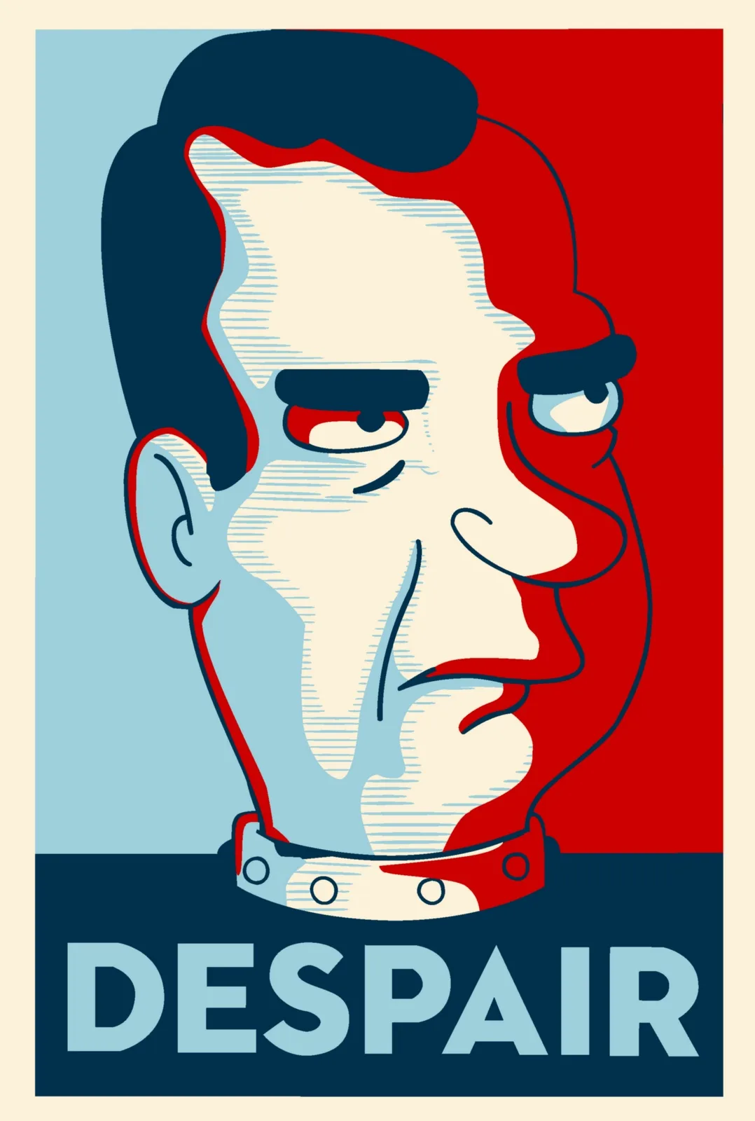 A stylized, posterized portrait of a man with a stern, weary expression, split down the middle with one side in blue and the…