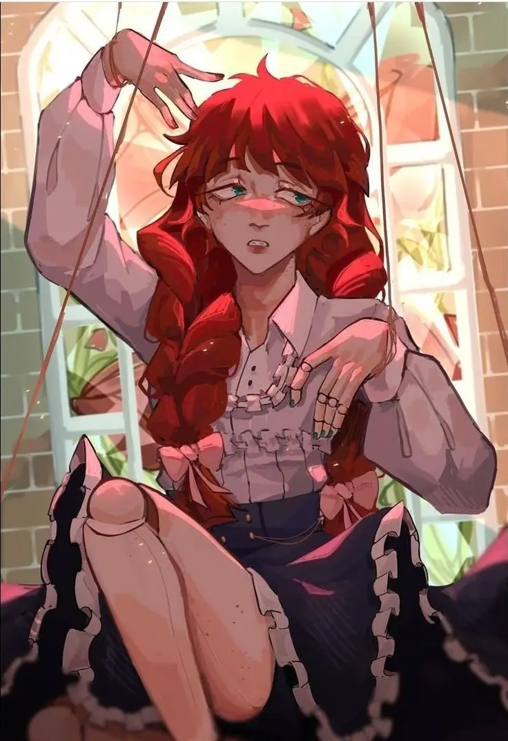 An anime-style illustration of a red-haired girl with a distressed expression, depicted as a puppet with strings attached to…