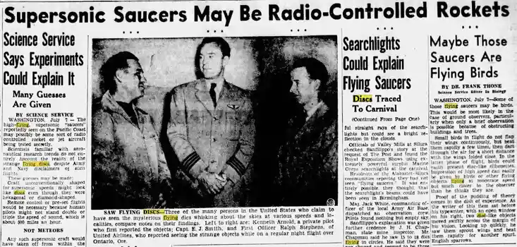 A vintage newspaper clipping from July 7, 1952, features a black-and-white photo of three men in military uniforms standing…
