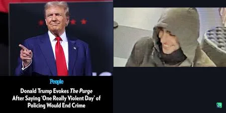 The image is a split-screen meme. On the left, Donald Trump in a suit and red tie points forward, with the text 'People'…