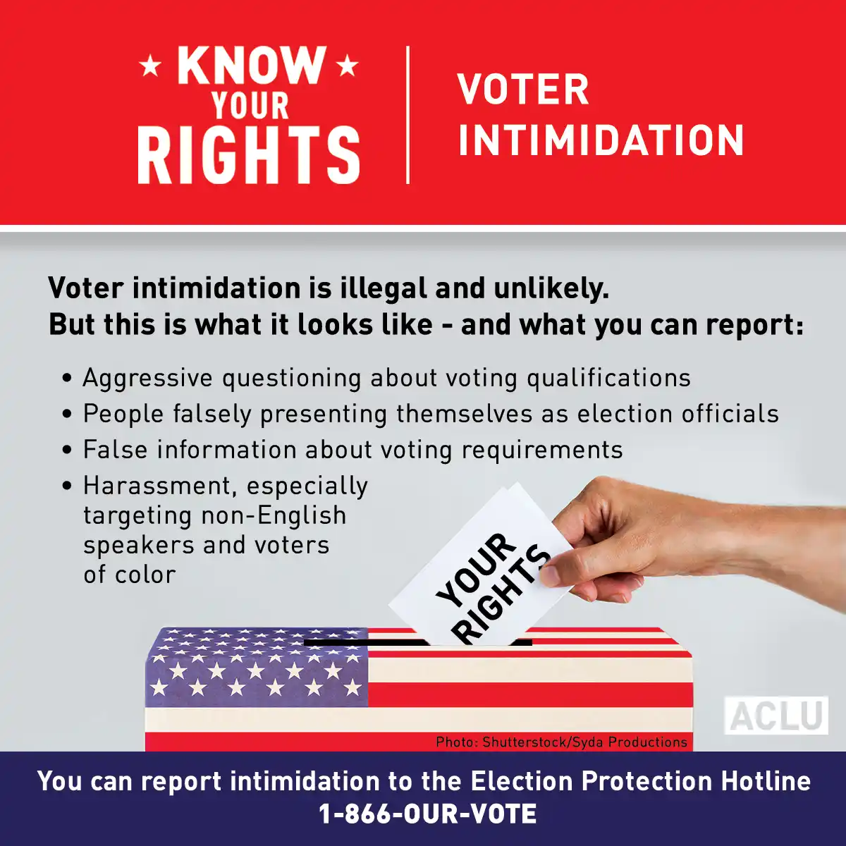 An official-looking infographic from the ACLU with a red header reading 'Know Your Rights' and 'Voter Intimidation'. Below…