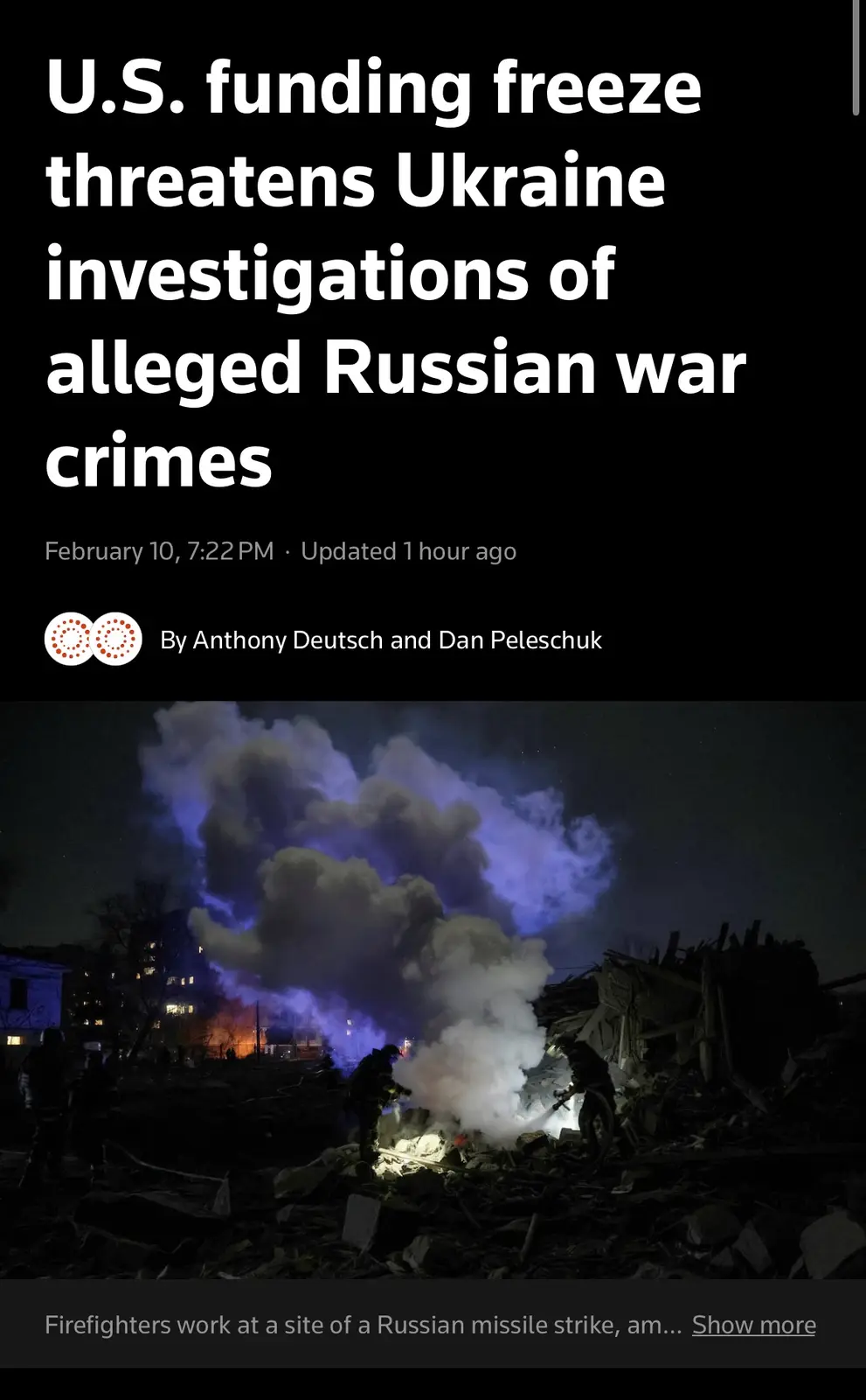 A news article screenshot shows a headline about U.S. funding cuts threatening Ukraine's war crime investigations, overlaid…