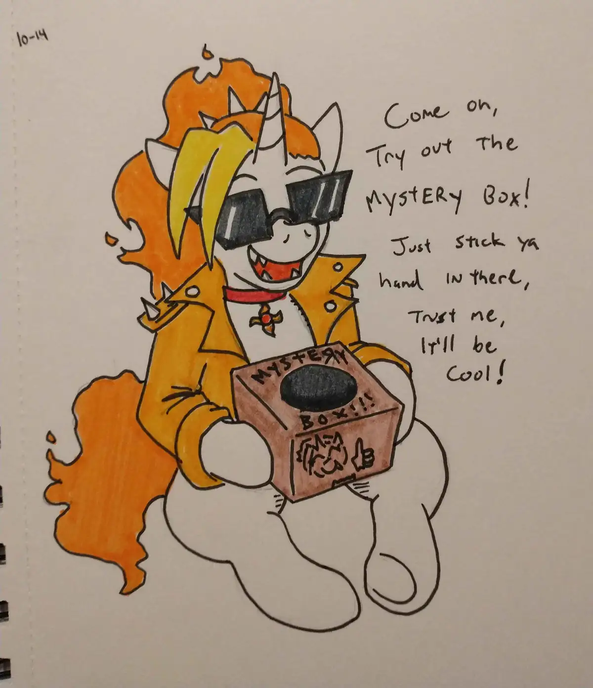 A hand-drawn cartoon pony with orange hair, a yellow jacket, and sunglasses enthusiastically holds a box labeled 'MYSTERY…