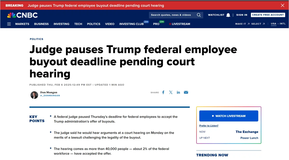 A screenshot of a CNBC news article with a red 'BREAKING' banner at the top and the headline 'Judge pauses Trump federal…