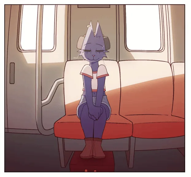 A six-panel comic strip shows an anime-style blue cat character sitting on a train seat. In each panel, the cat's posture…