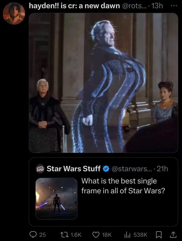 A screenshot of a tweet from 'Star Wars Stuff' asking 'What is the best single frame in all of Star Wars?' is shown. Below…
