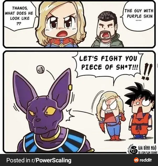 A two-panel comic shows Captain Marvel and a man asking Thanos what a 'guy with purple skin' looks like. In the second…