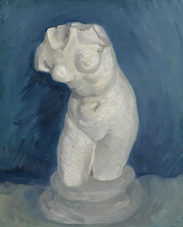 A painting of a white, unfinished classical-style sculpture of a nude female torso, headless and missing limbs, set against…