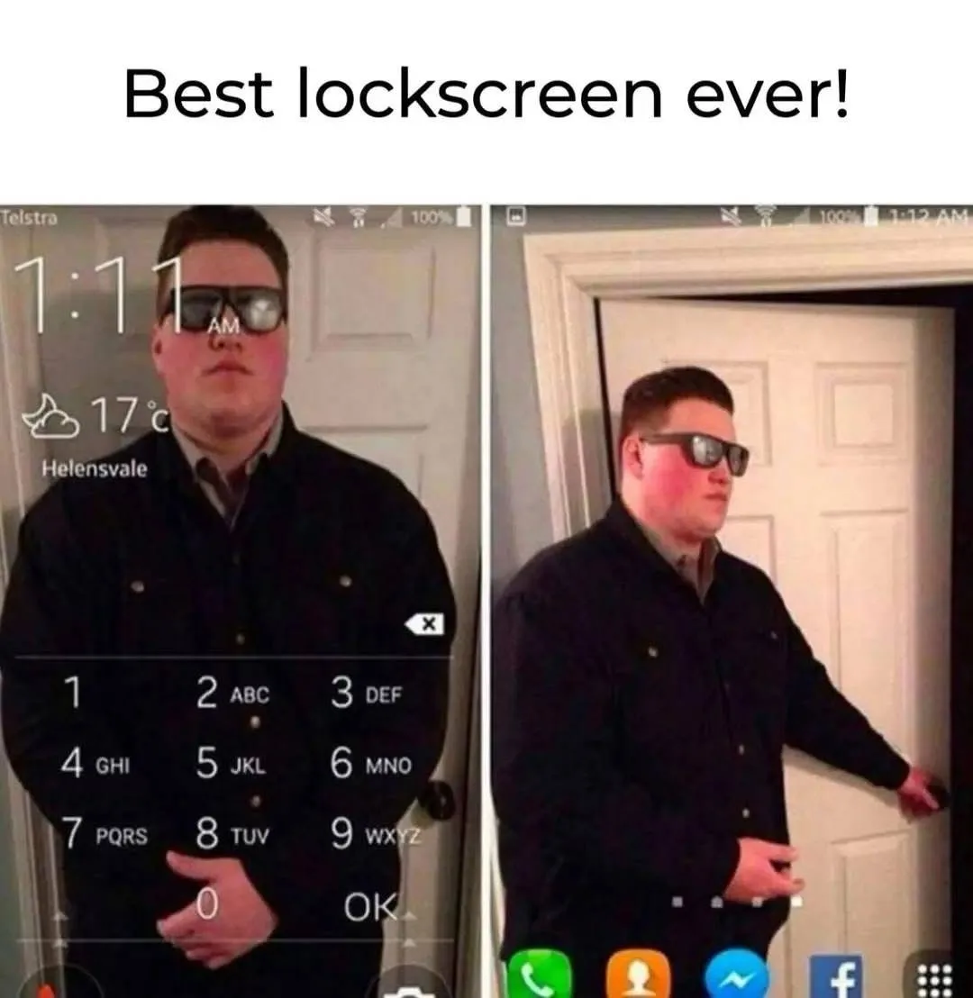 The image shows a split-screen of a smartphone lockscreen and a real-life photo. On the left, a man wearing sunglasses…