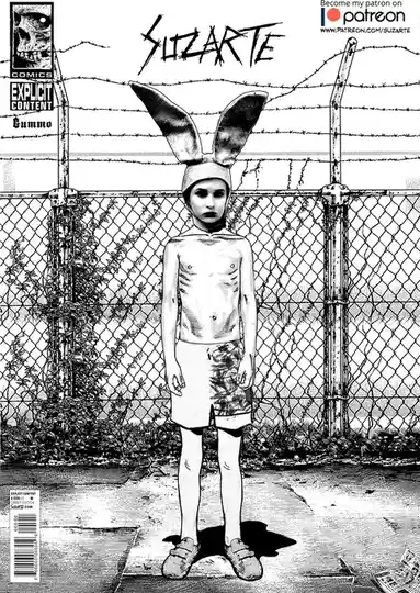 A black-and-white comic book cover by Suzarte depicts a gaunt, shirtless child wearing a bunny-eared hat, standing before a…