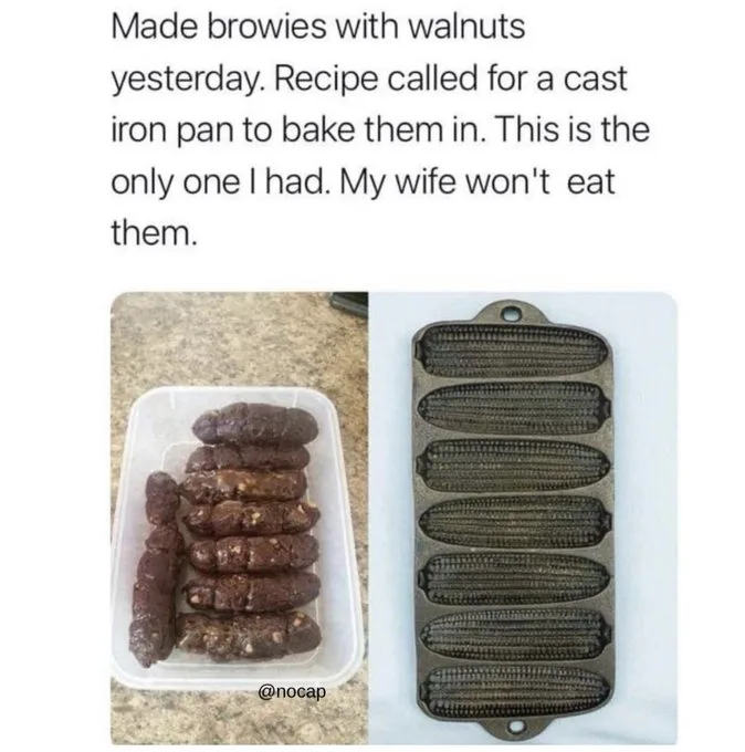 The image shows two side-by-side photos: on the left, a white plastic container holding several dark, rectangular brownies…