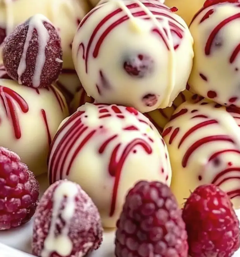 A close-up image of white chocolate truffles decorated with red raspberry swirls and whole raspberries, with overlaid text…