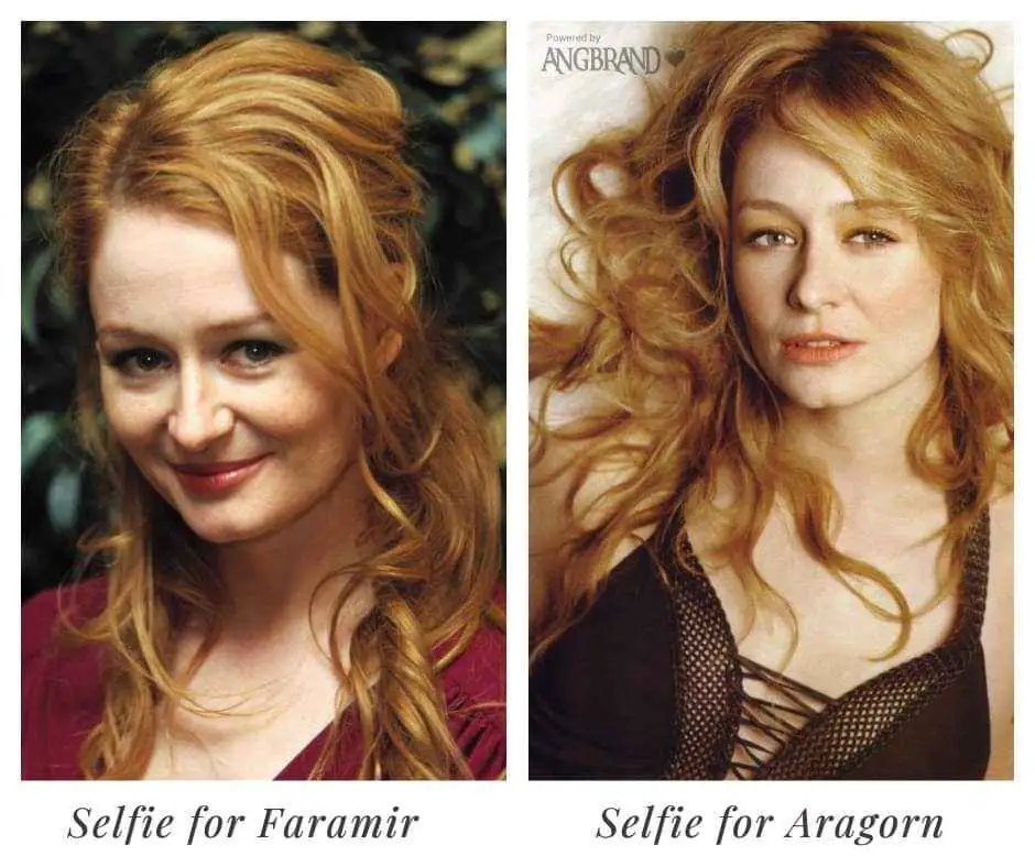 The image displays two side-by-side photos of actress Miranda Otto, portraying the character Éowyn from 'The Lord of the…
