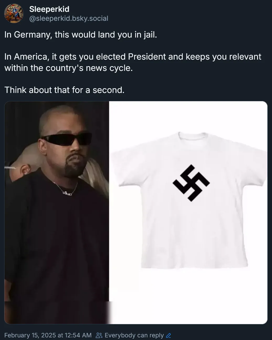 The image displays a split-screen: on the left, a photo of Kanye West wearing sunglasses and a black shirt; on the right, a…