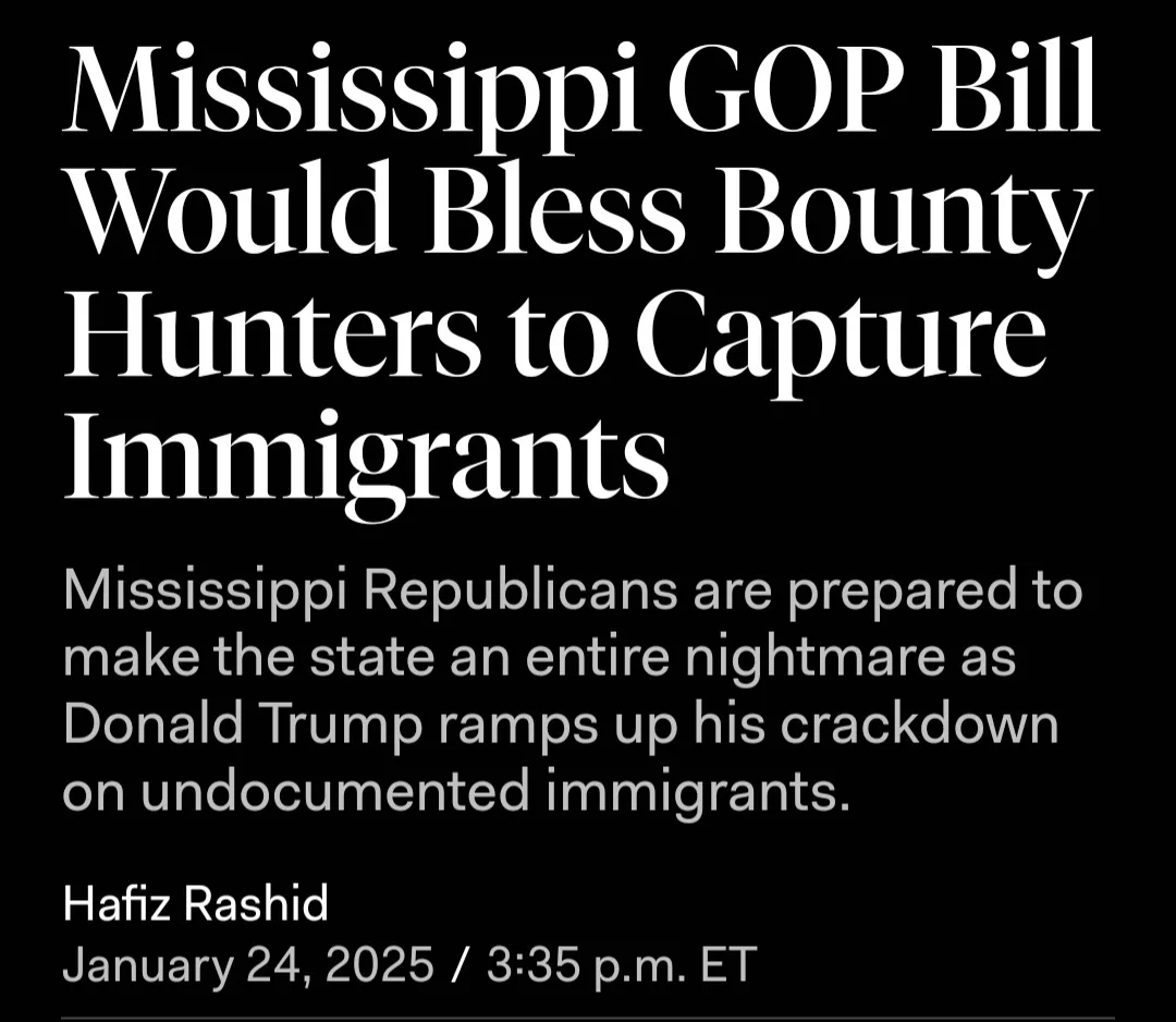 A black background displays white text mimicking a news article headline reading 'Mississippi GOP Bill Would Bless Bounty…
