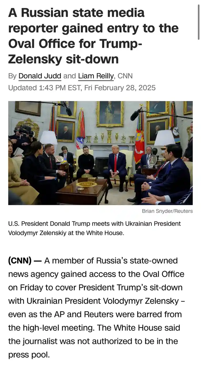 A screenshot of a CNN news article shows a photo of Donald Trump and Volodymyr Zelenskyy seated in the Oval Office during a…