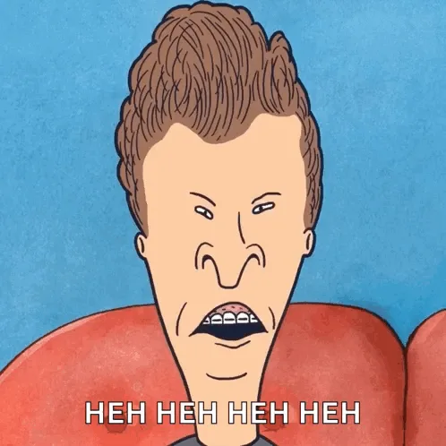 A cartoon man with brown hair and a wide, toothy grin sits on a red couch against a blue background. The text 'HEH HEH HEH…