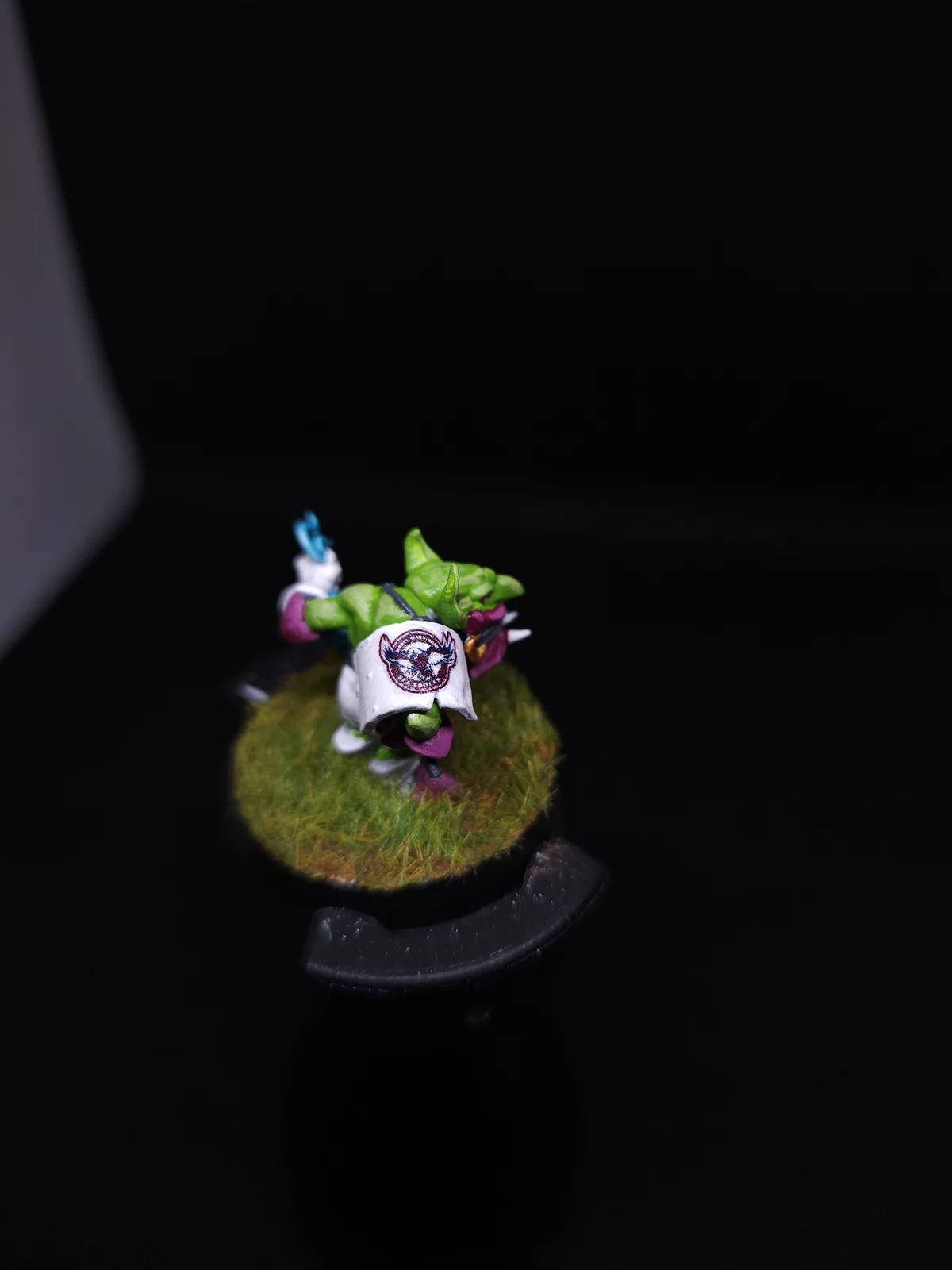 A green-skinned fantasy miniature figure, likely an orc or goblin, is shown from behind on a grassy base against a black…
