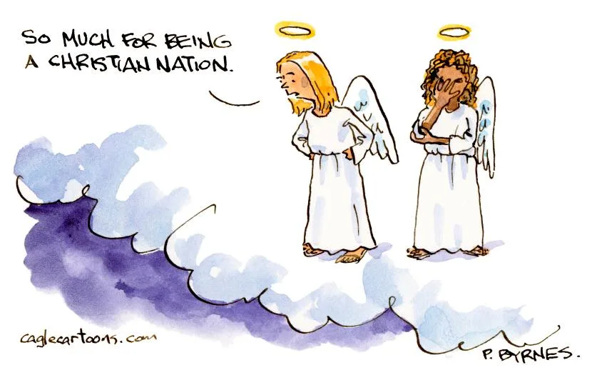 Two cartoon angels stand on a cloud, one with blonde hair looking annoyed and the other with curly brown hair covering their…