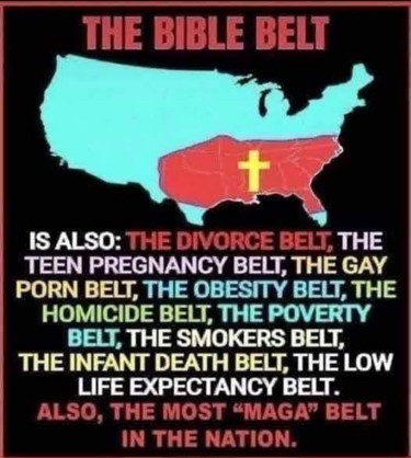 A map of the United States highlights a red region labeled 'THE BIBLE BELT' with a yellow cross, surrounded by text listing…