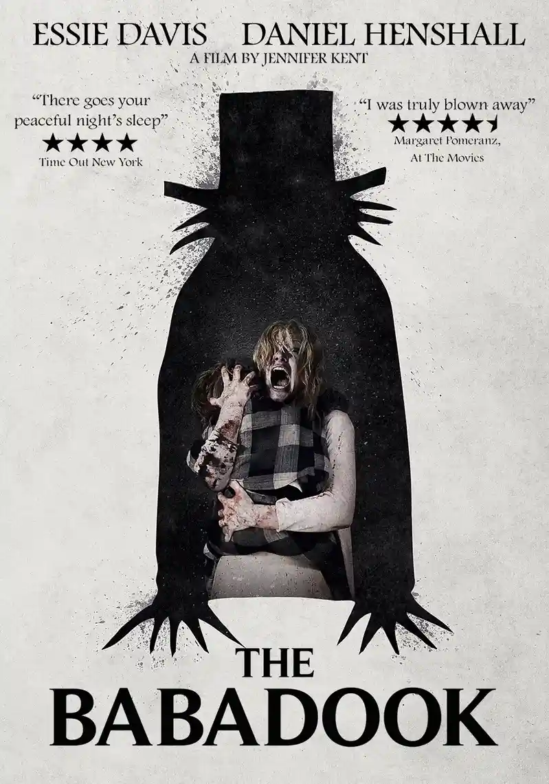 A movie poster for 'The Babadook' shows a woman in a plaid shirt screaming while clutching a child, framed by a large black…