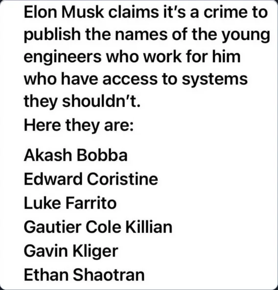 A white-background image displays black text listing a claim by Elon Musk that publishing names of young engineers with…