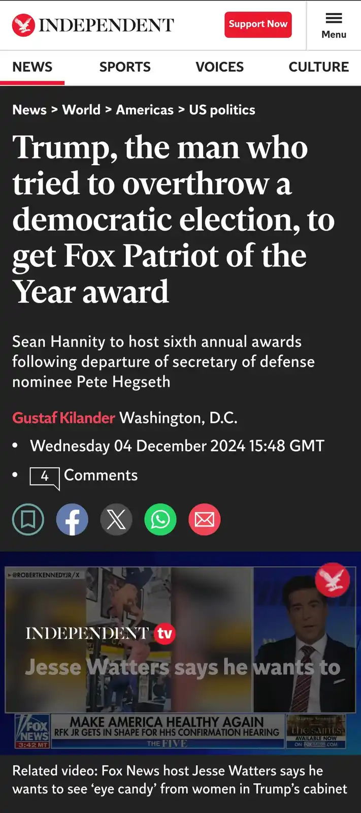 A screenshot of an Independent news article with the headline 'Trump, the man who tried to overthrow a democratic election…