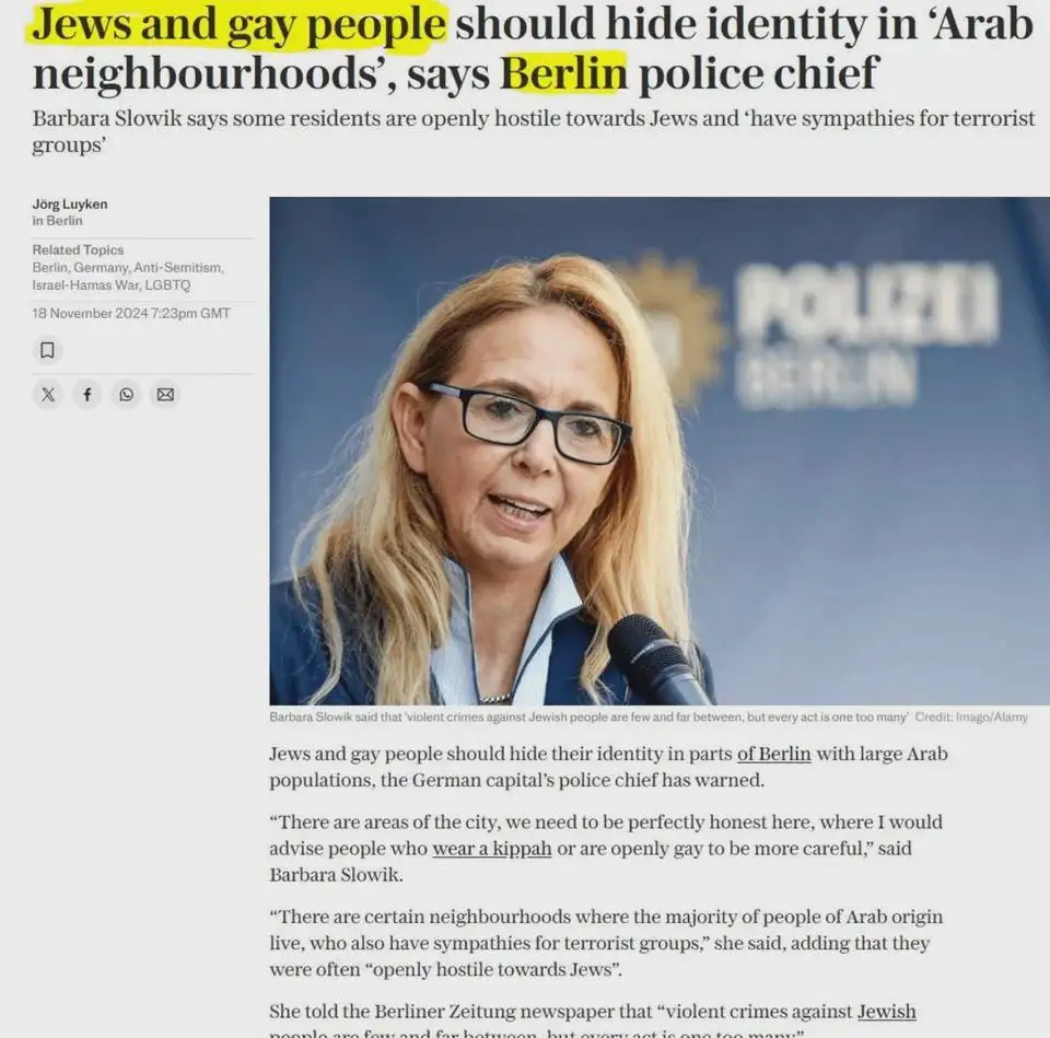A screenshot of a news article featuring a photo of Barbara Slowik, Berlin's police chief, speaking at a press conference…