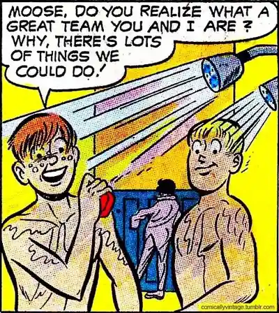 Two cartoon men are showering side-by-side under multiple showerheads, smiling and looking at each other. One man holds a…