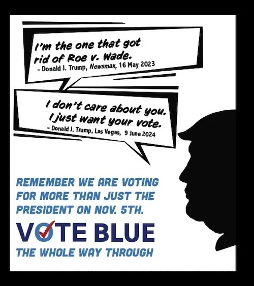 A black-and-white image shows a silhouette of Donald Trump's profile on the right, with two speech bubbles. The top bubble…