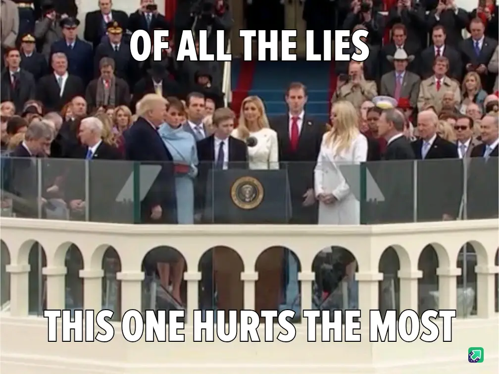 A photo of Donald Trump and his family standing on a presidential balcony with a crowd behind them. Large white text…