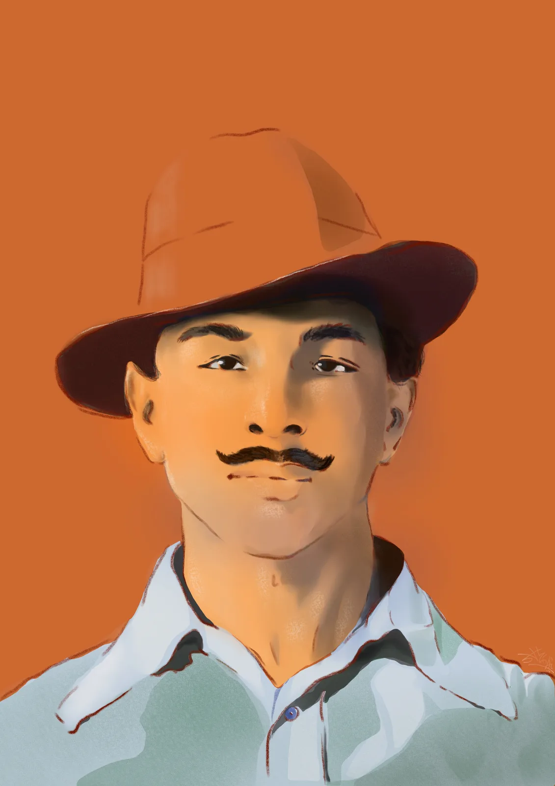 A digital illustration of a man with a mustache wearing a brown fedora and a light-colored collared shirt against an orange…