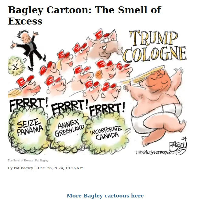 A political cartoon shows a caricature of Donald Trump in diapers, spraying 'TRUMP COLOGNE' that causes a crowd of pigs…