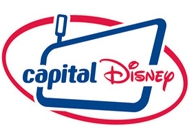 The image shows a heavily pixelated and distorted logo that merges 'Capital' in blue text with 'Disney' in its classic red…