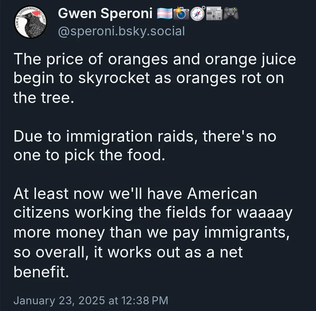 A screenshot of a social media post by Gwen Speroni, displaying three paragraphs of text that sarcastically claim…