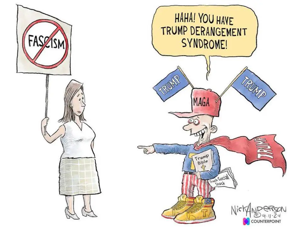A cartoon depicts a woman holding a 'No Fascism' sign facing a caricatured Trump supporter wearing a MAGA hat, holding a…
