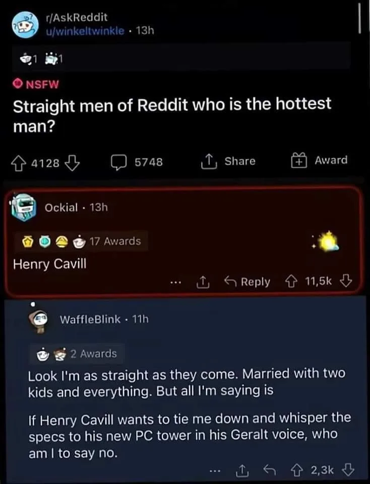 A screenshot of a Reddit thread in r/AskReddit where a user asks 'Straight men of Reddit who is the hottest man?' A top…