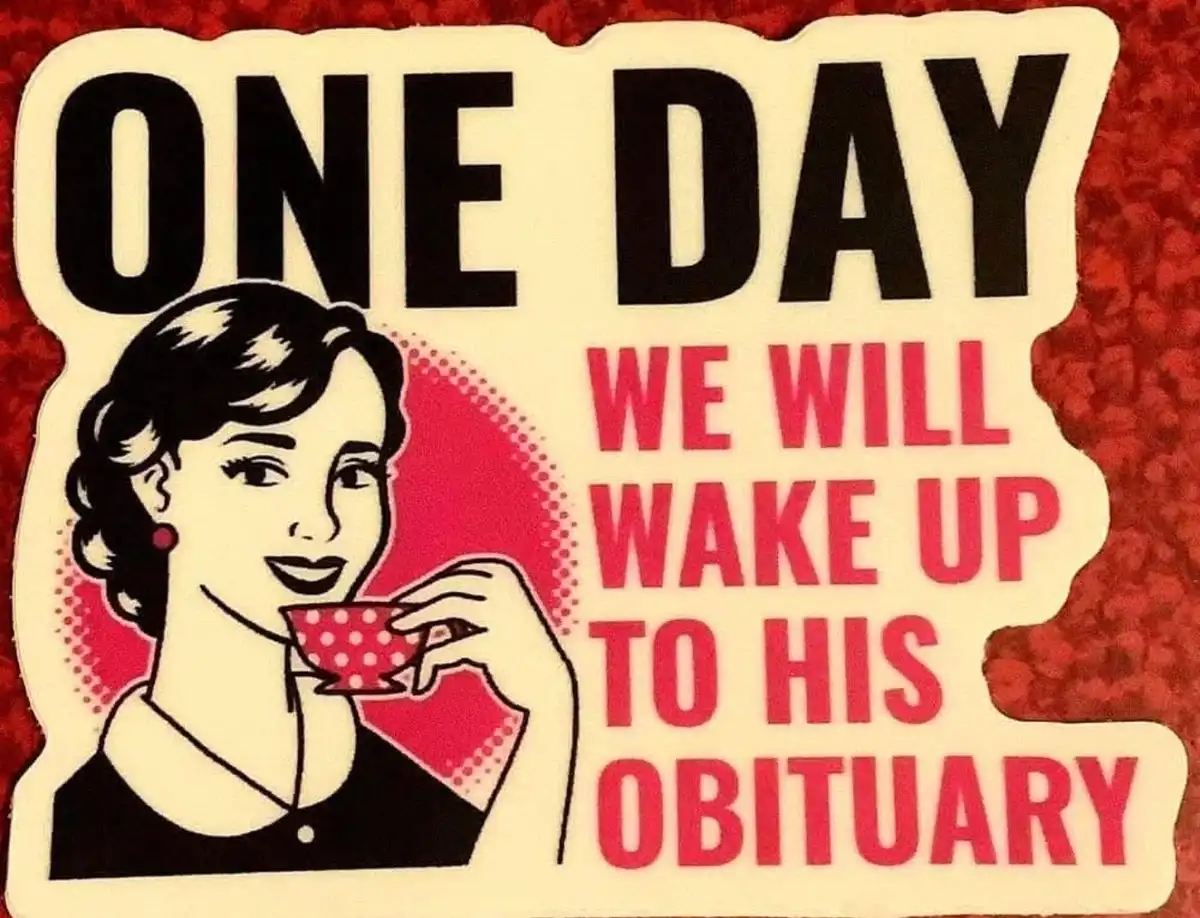 A vintage-style sticker features a smiling woman in a black dress holding a polka-dotted teacup, set against a red…