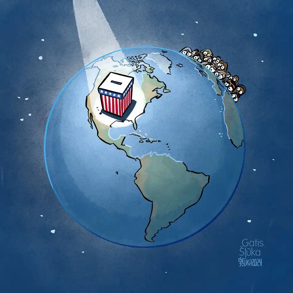 a cartoon globe shows a red, white, and blue ballot box sitting on north america, illuminated by a spotlight, while a line…