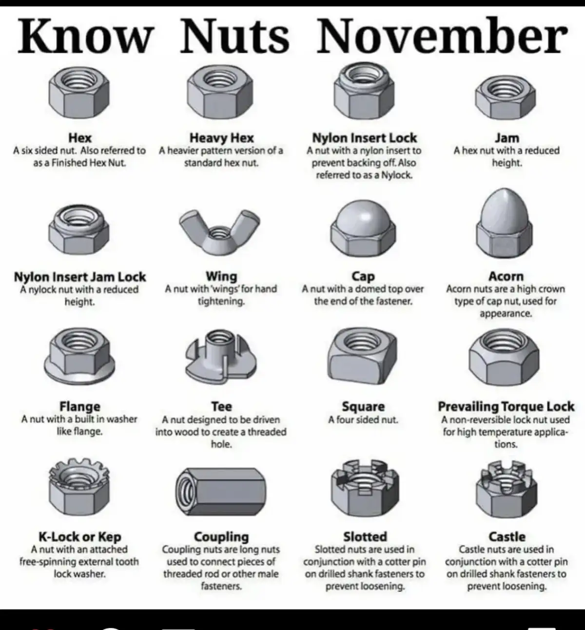 An educational infographic titled 'Know Nuts November' displays 16 different types of nuts with their names and…