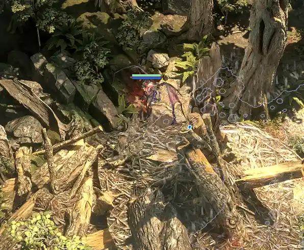 A video game character with glowing health bars and purple wings is lying on a pile of logs and rocks in a forest…