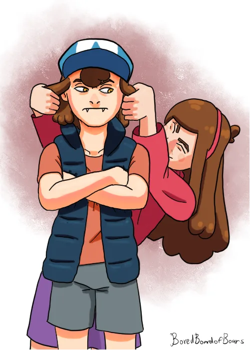 An anime-style illustration shows a boy with a stern, angry expression, arms crossed, while a girl behind him pulls his…