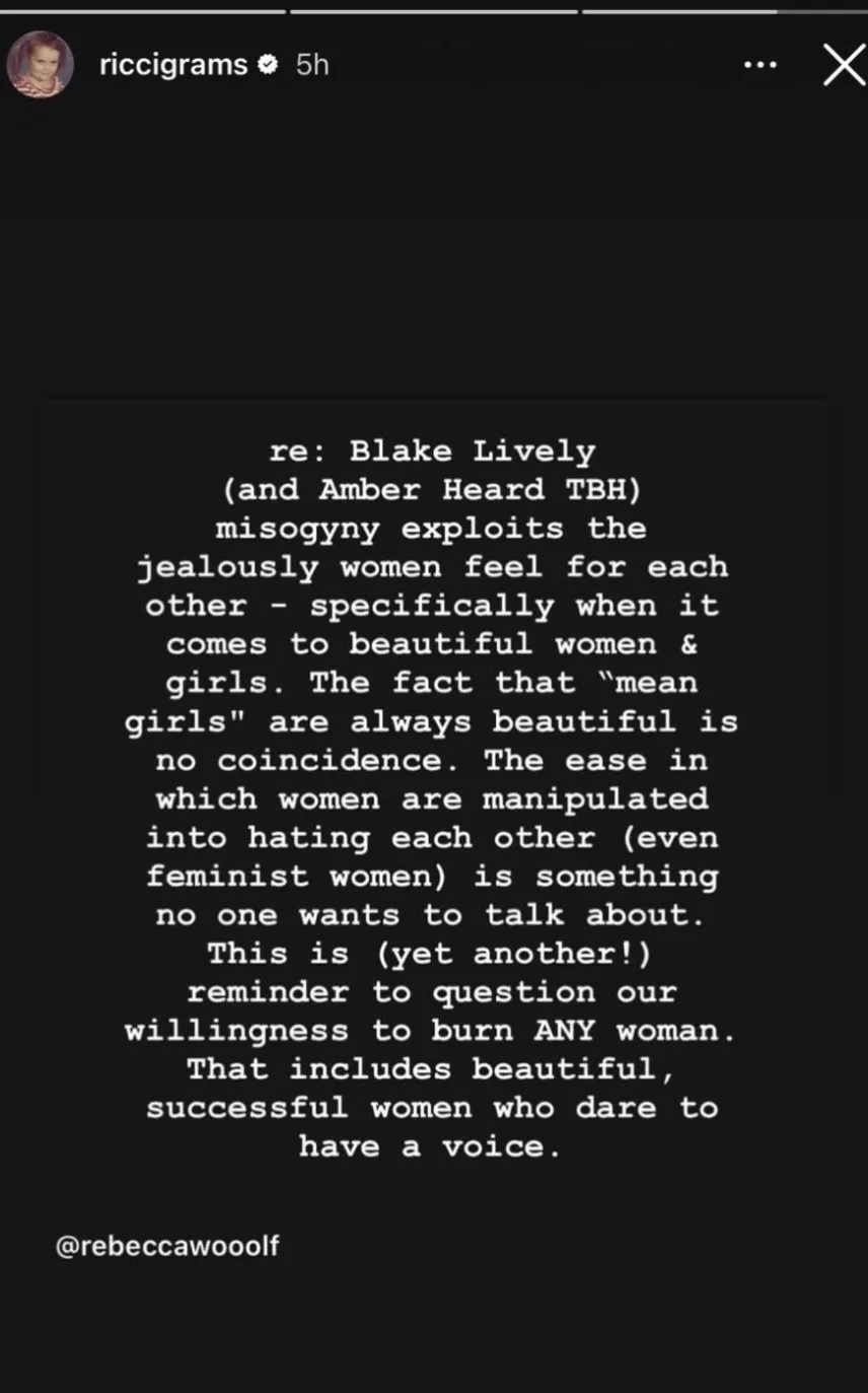 A black-background image displays white text quoting a social media post by @rebeccawooolf, discussing how misogyny…